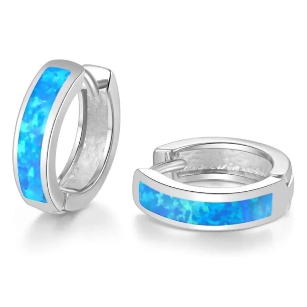 14K White Gold with Genuine Blue Fire Opal Huggie Hoop Snap Hinge Earrings